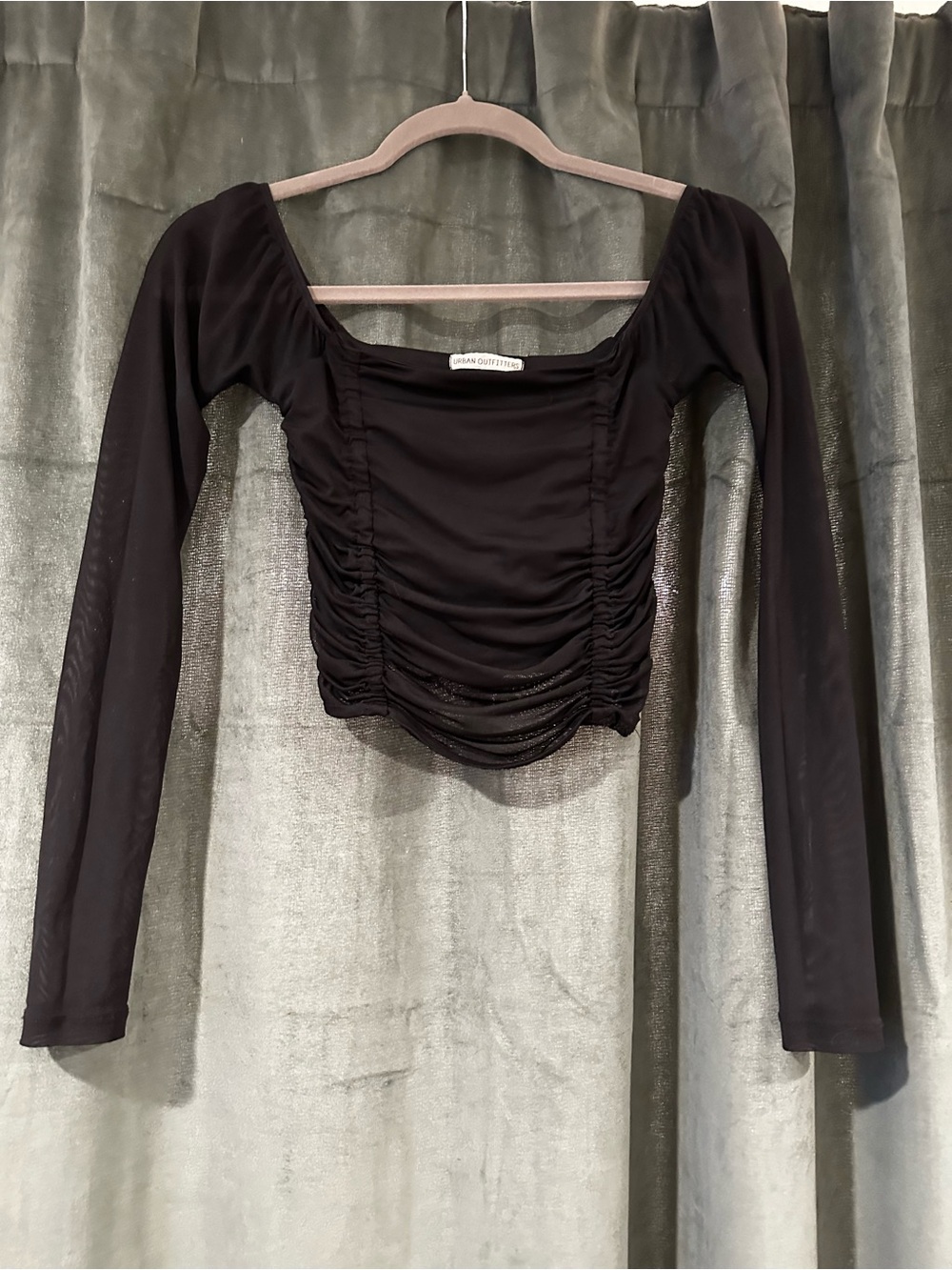 Urban Outfitters Black Ruched Square-Neck Long Sleeve Crop